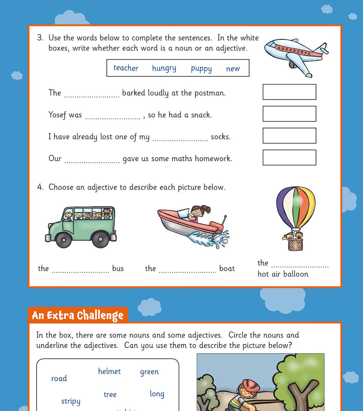 Sample page showing noun and adjective exercises with colourful illustrations