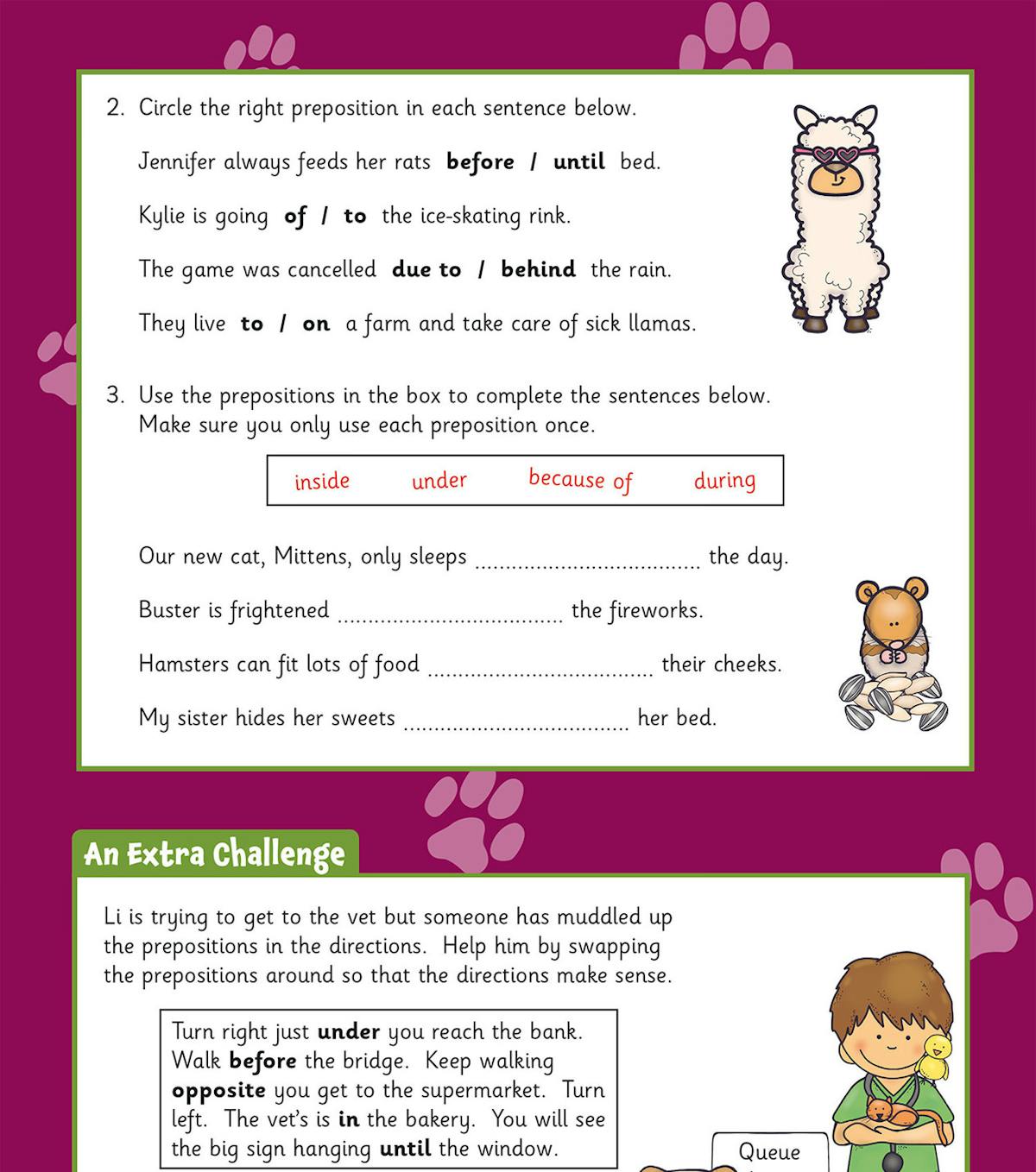 Sample page featuring preposition exercises with animal-themed illustrations