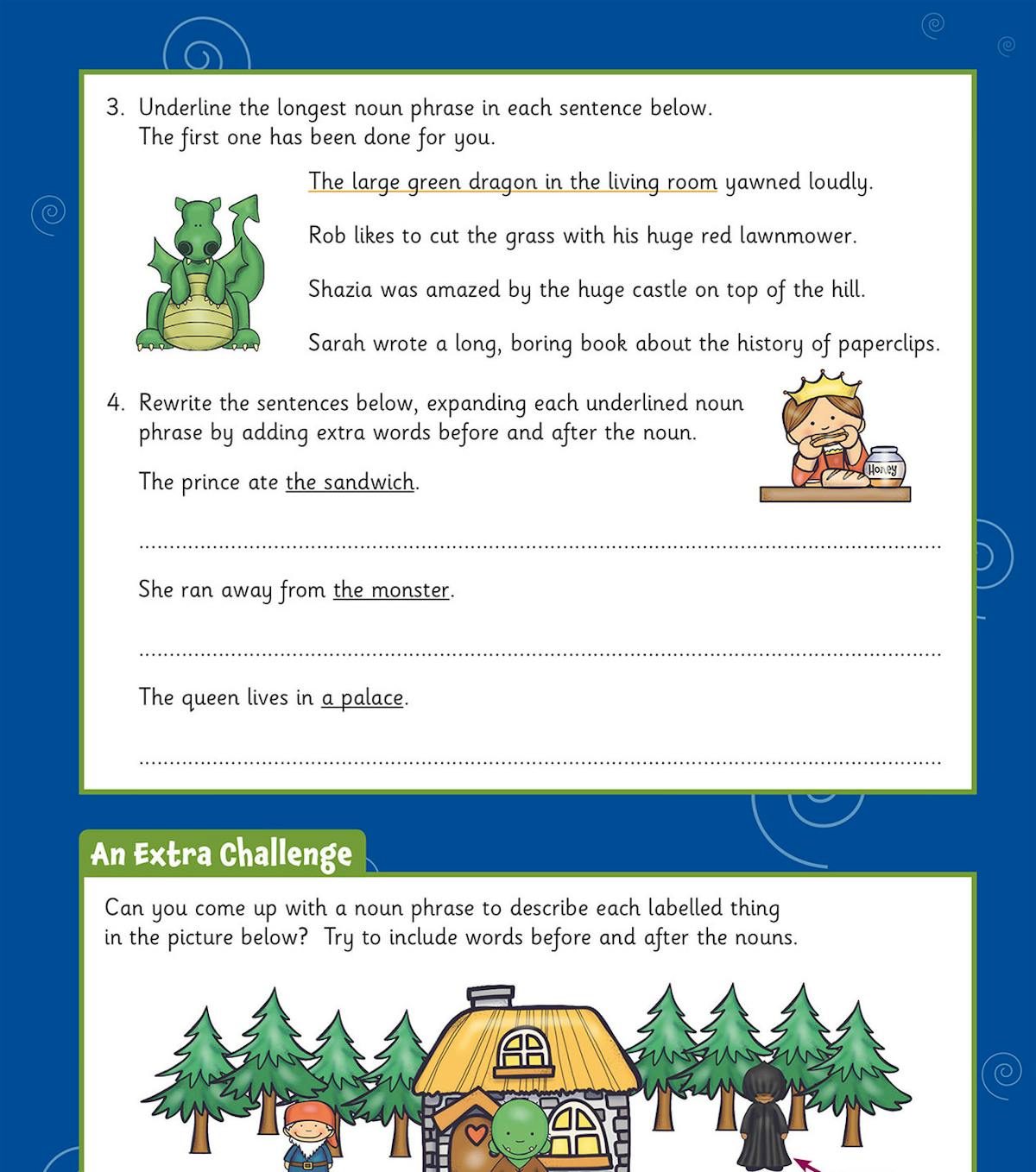 CGP Year 4 Grammar Activity Book page featuring noun phrases and fairytale-themed challenge questions