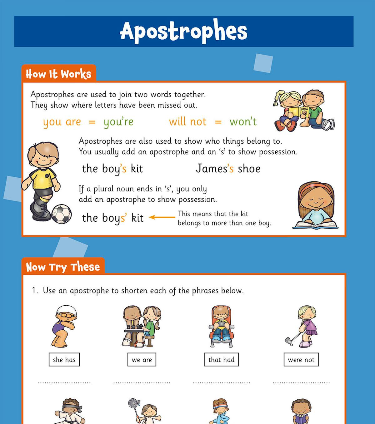 CGP Year 4 Grammar Activity Book page showing apostrophe rules and practice exercises