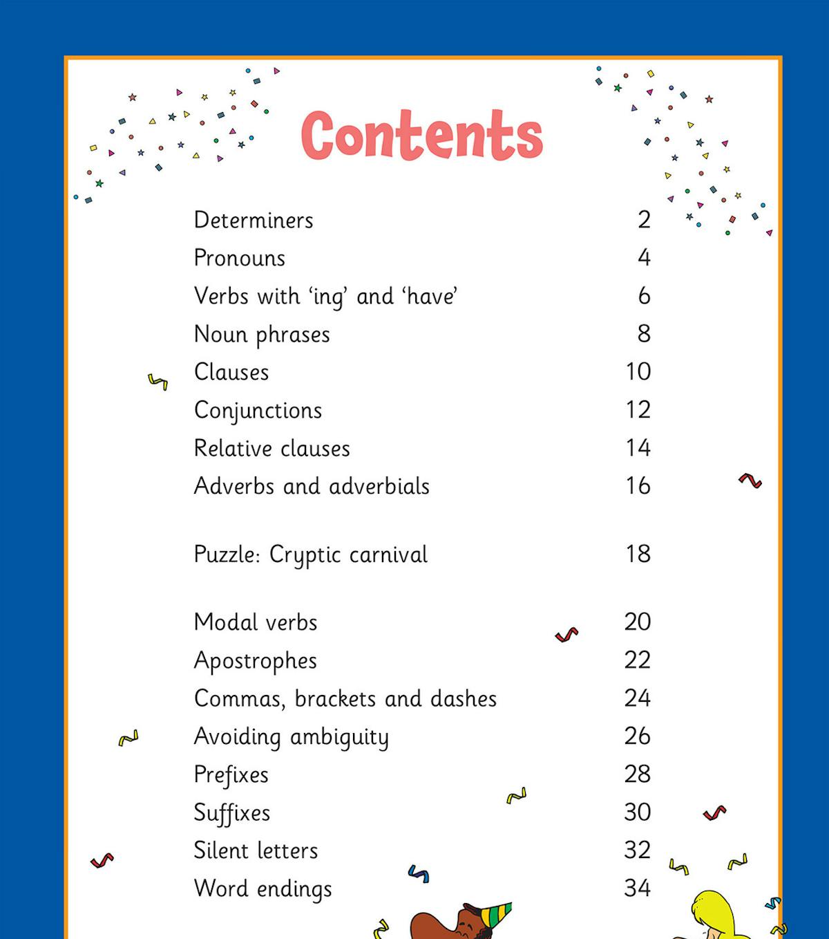 Contents page showing grammar and punctuation topics covered in the Year 5 activity book