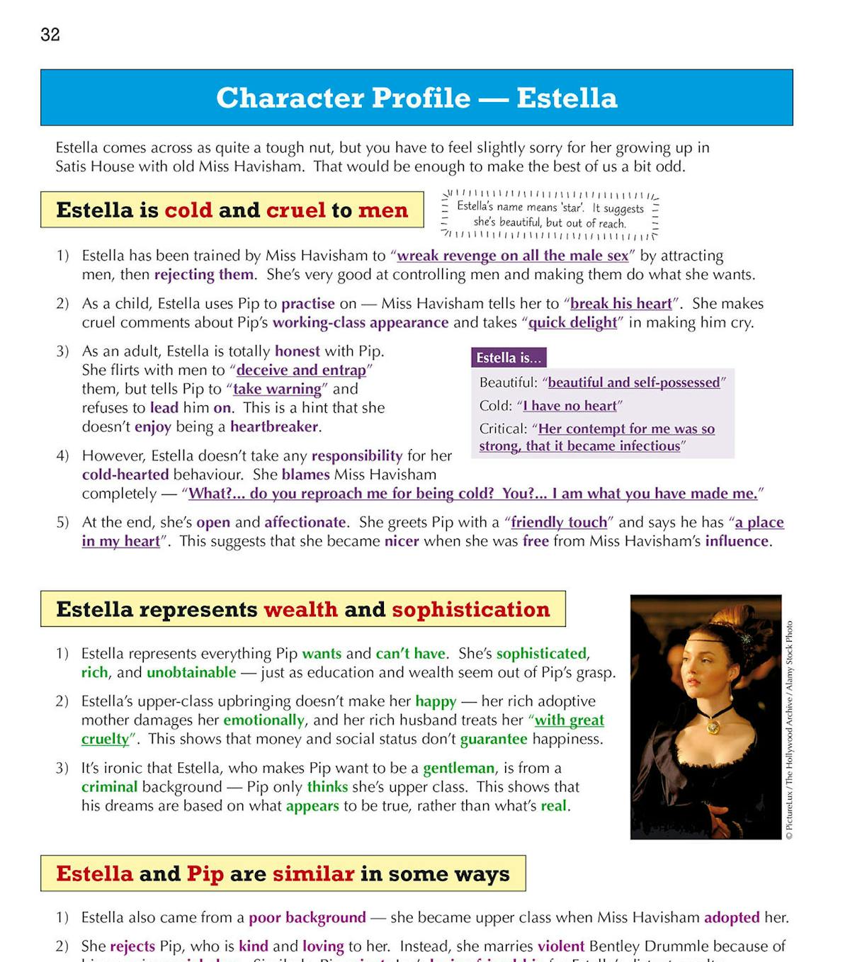 Character profile page for Estella with key quotes and analysis