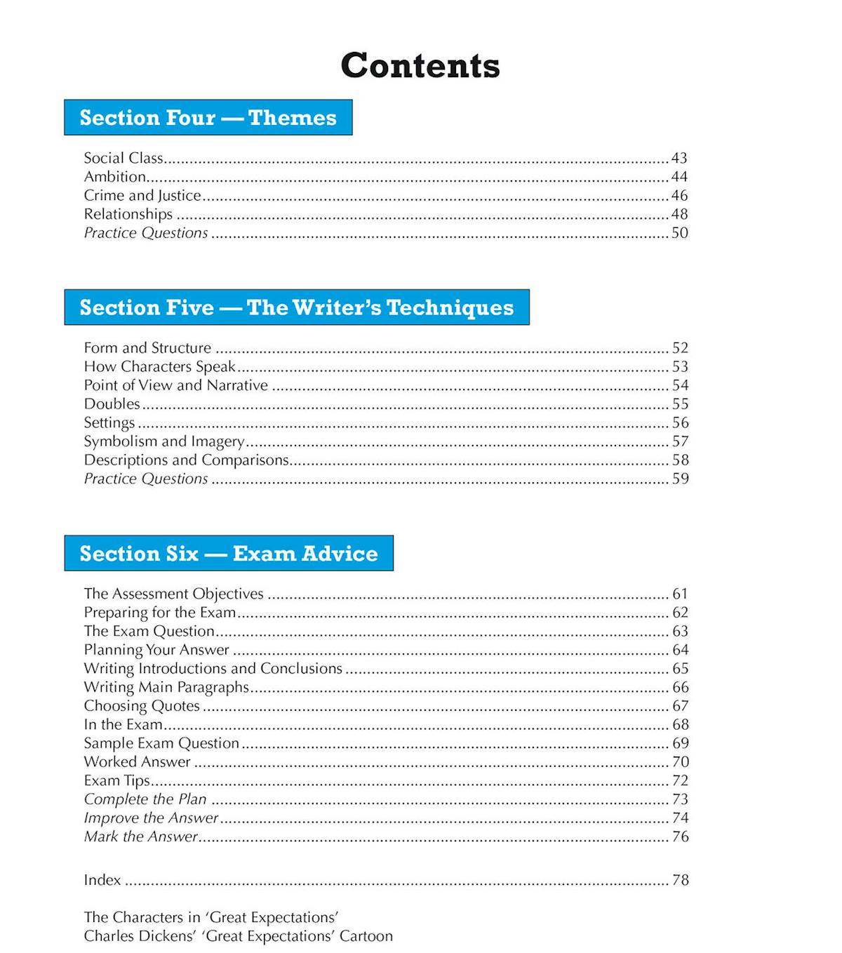 Contents page showing themes, writer's techniques and exam advice sections