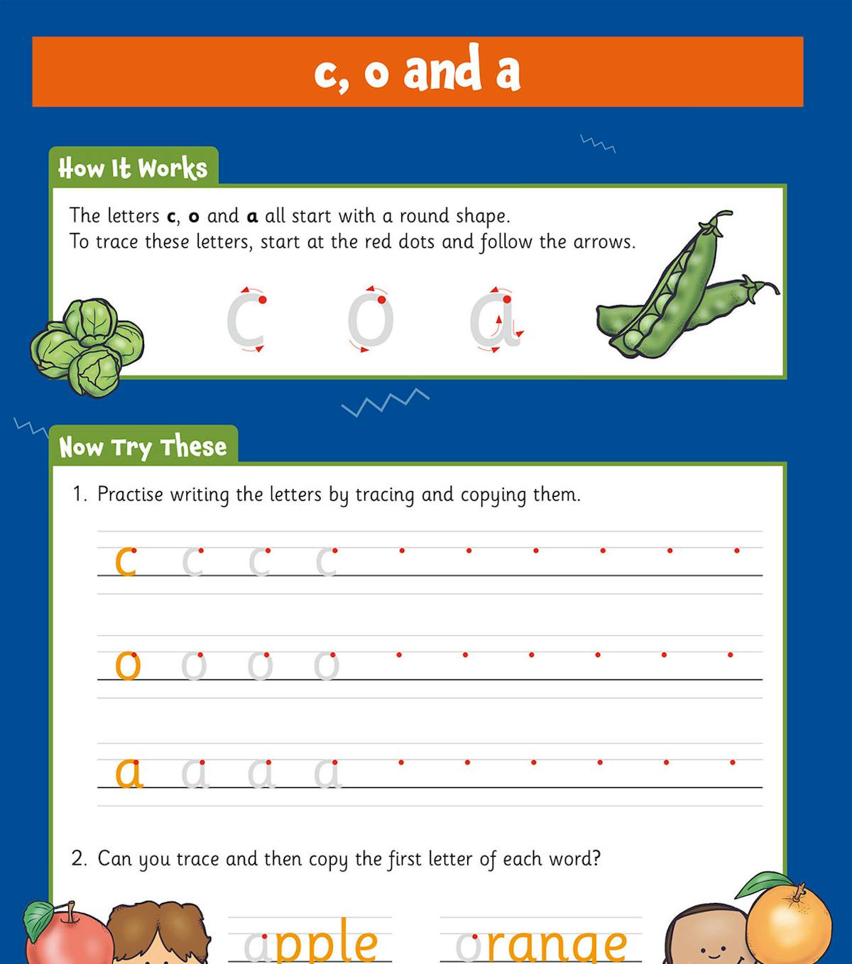 Handwriting practice page showing letter formation for c, o and a with tracing guides and practice exercises