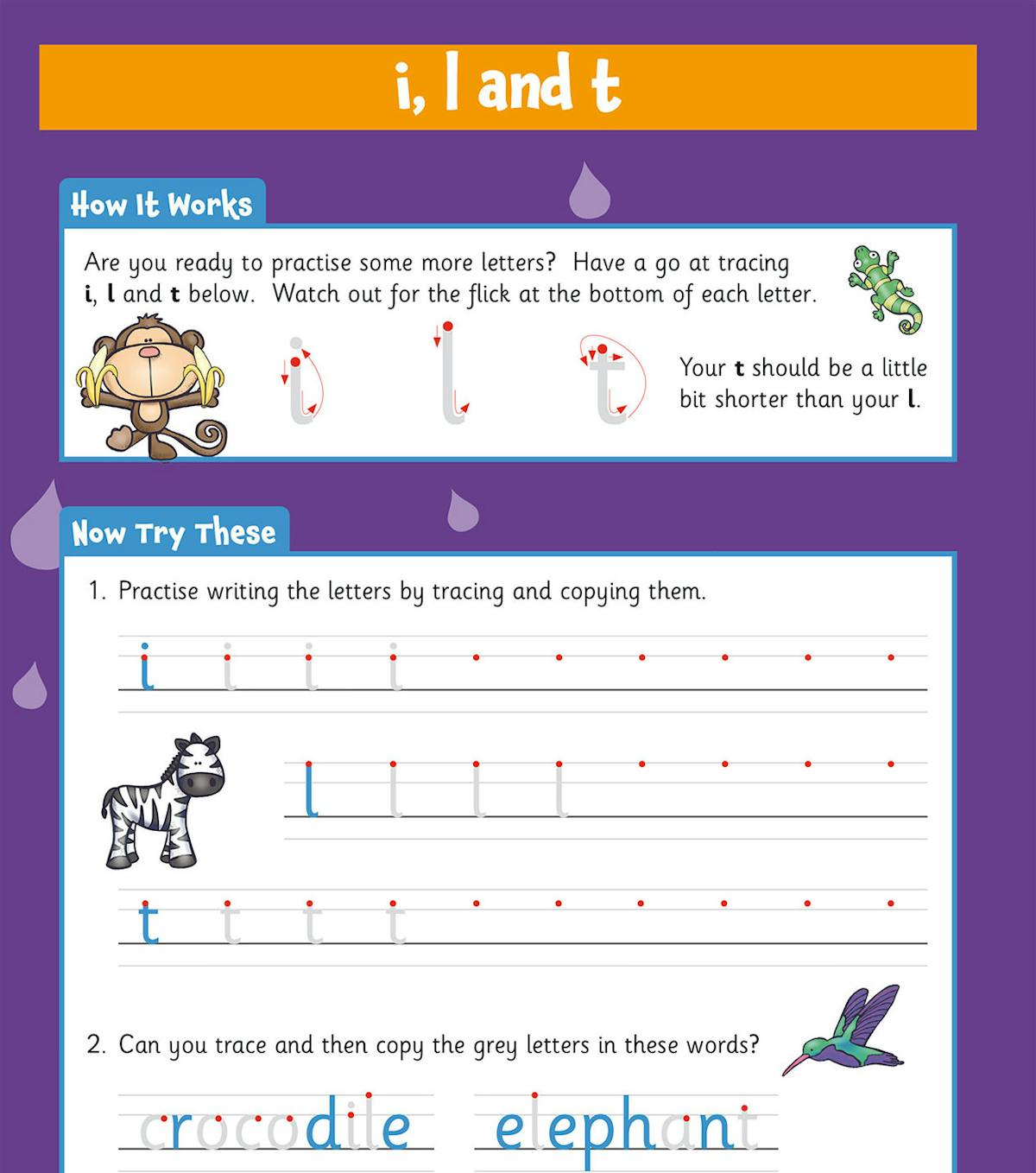 Handwriting practice page for letters i, l and t with tracing exercises and word completion activities