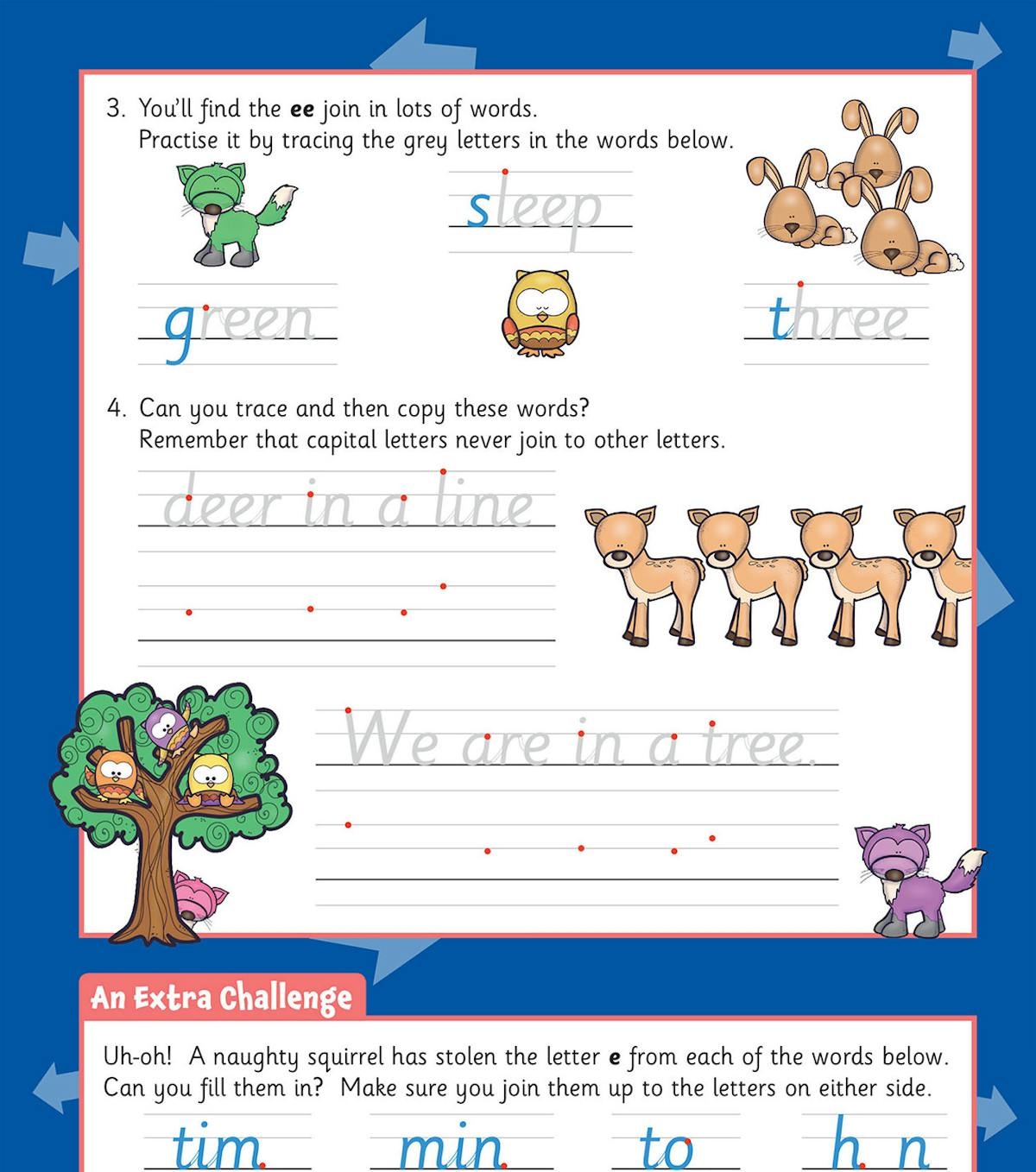 Practice page showing letter joins with trace-and-copy exercises and cartoon characters