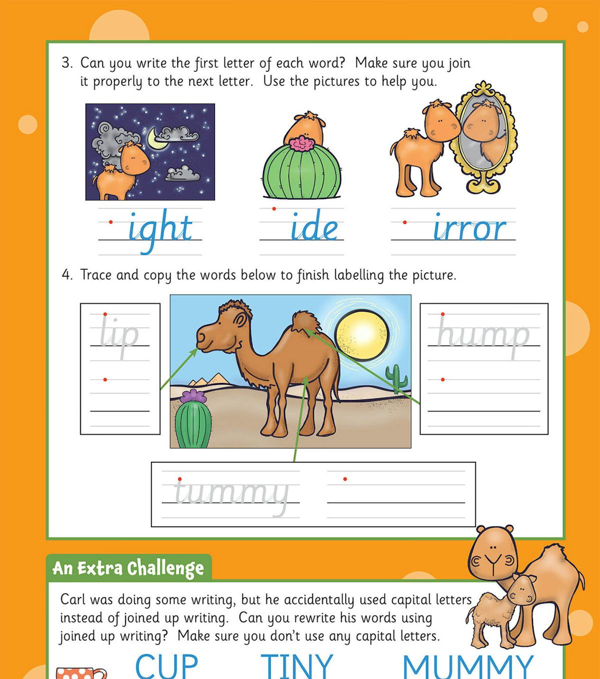 Activity page with capital letters, joined writing practice, and an extra challenge section