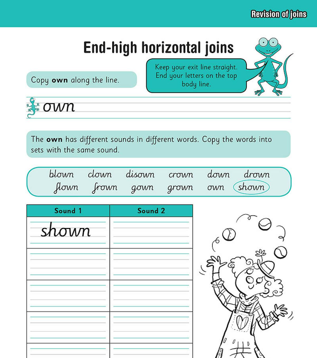 Inside page showing handwriting practice with letter joins and spelling activities