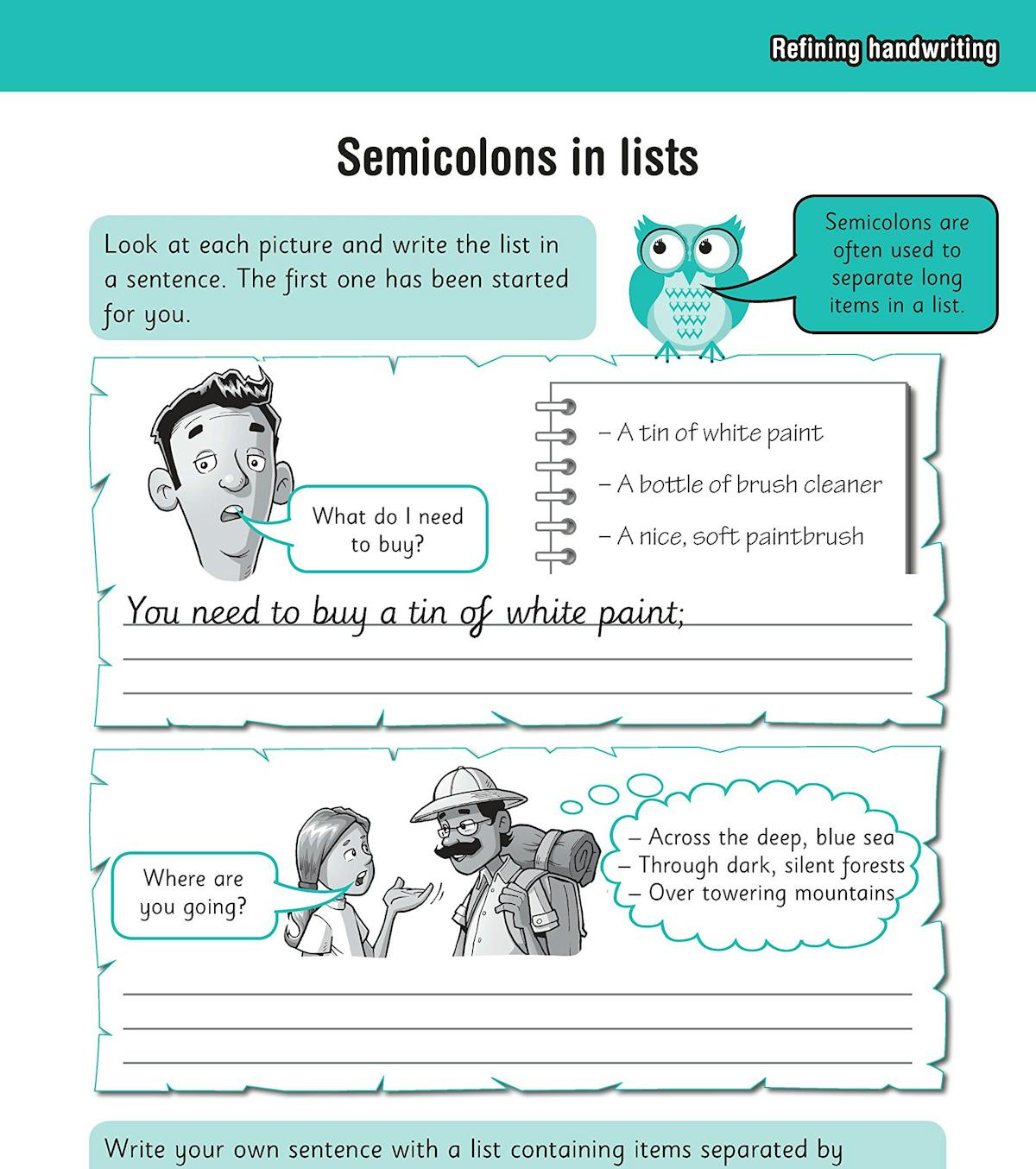 Sample workbook page showing semicolon punctuation and handwriting practice exercises