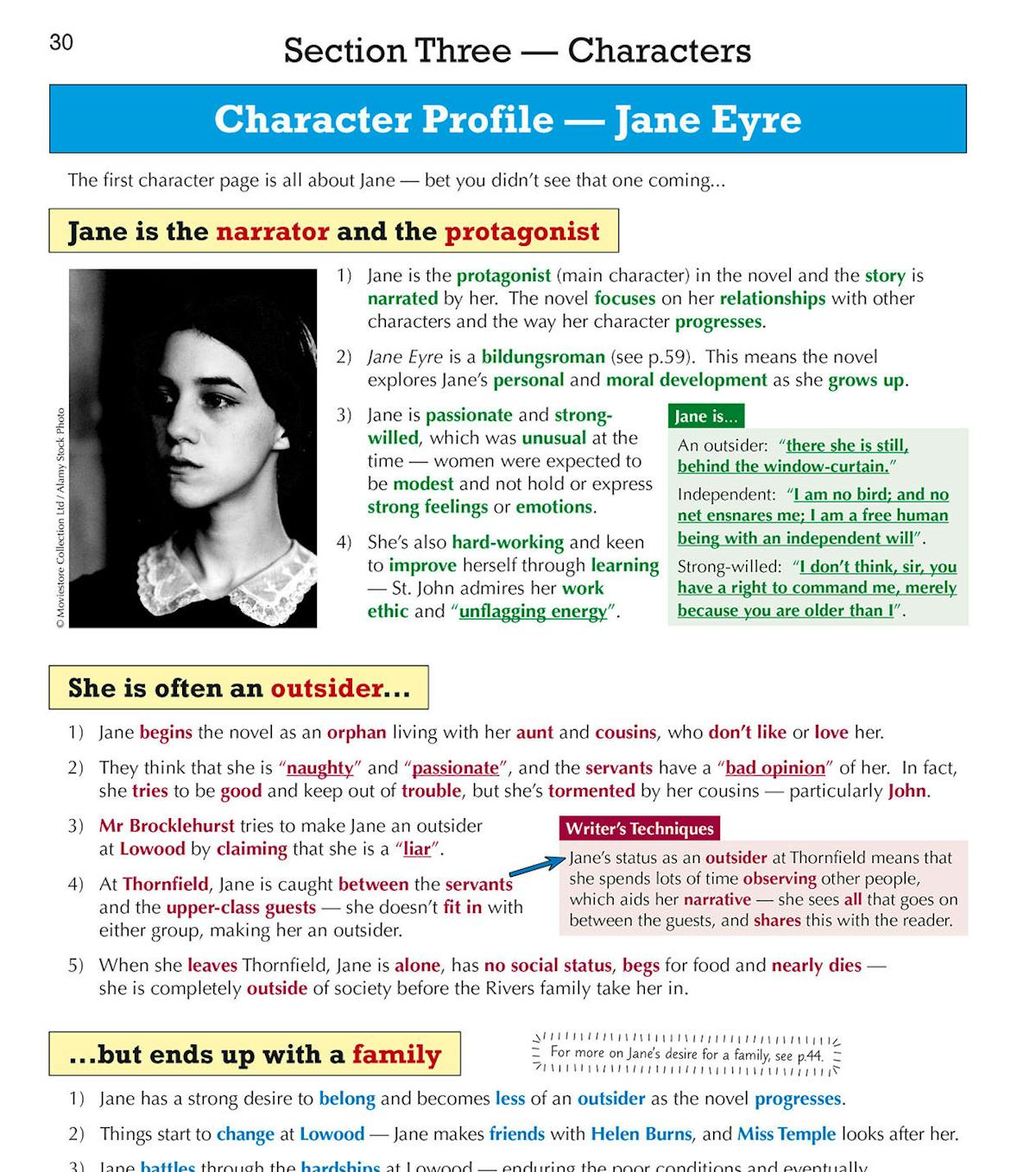 Character profile page for Jane Eyre showing her role as narrator and protagonist