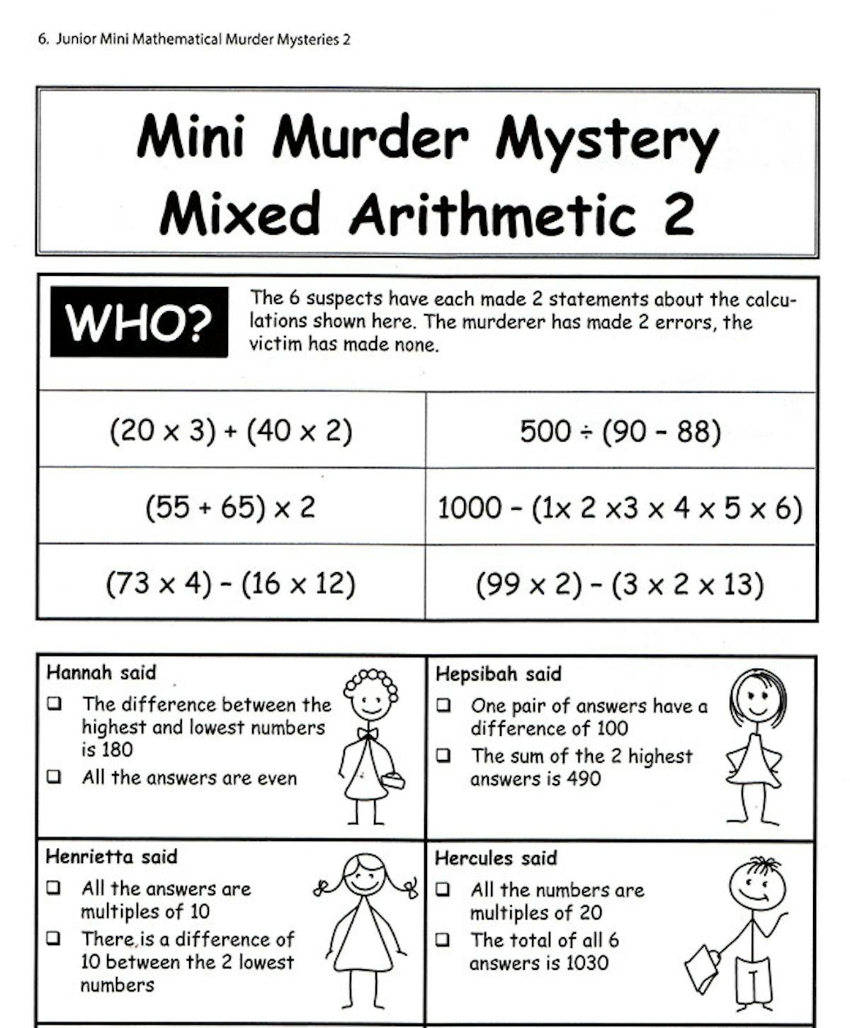 Sample murder mystery worksheet showing mixed arithmetic challenge with suspect statements