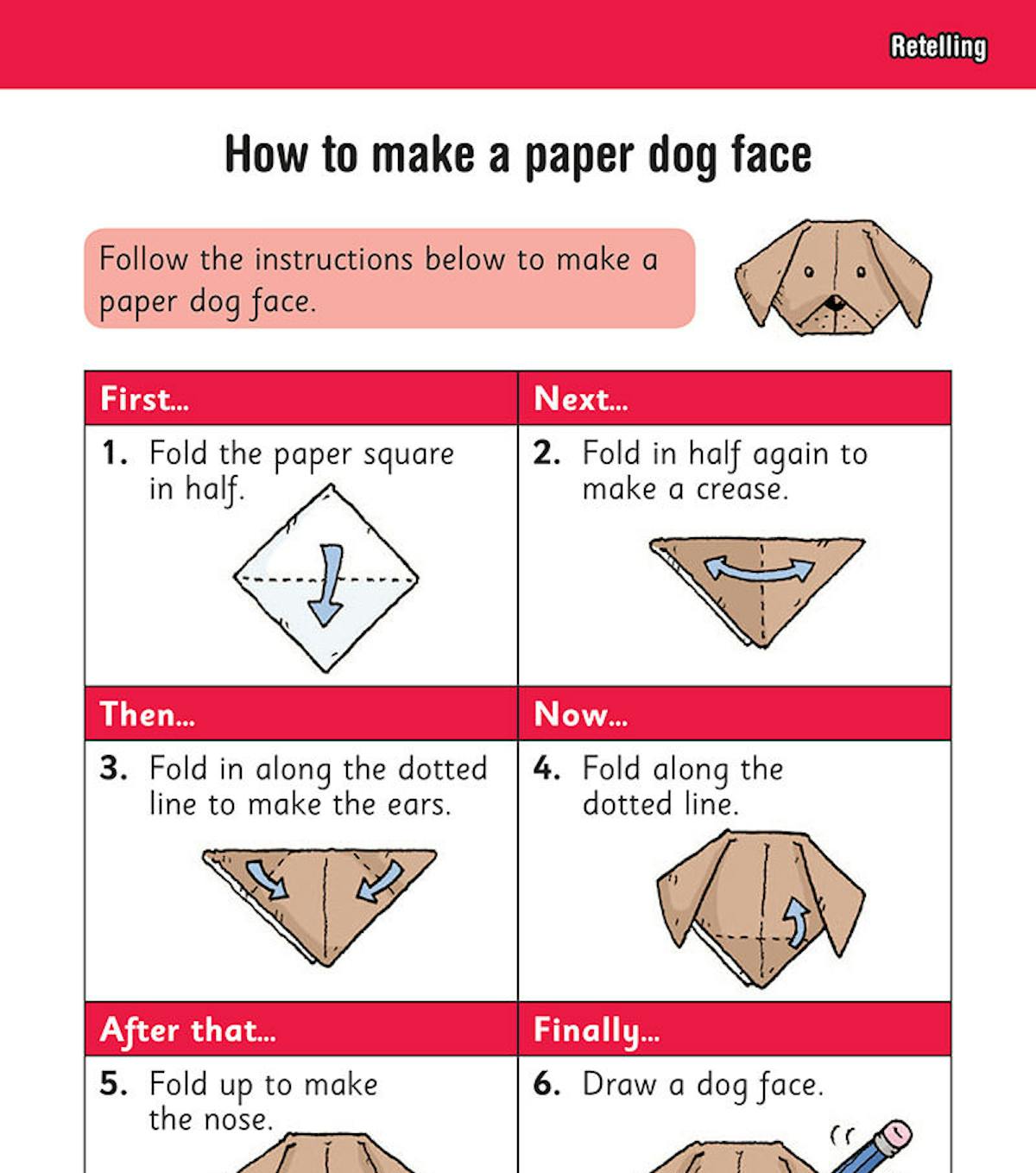 Sample page showing a retelling activity with instructions for making a paper dog face
