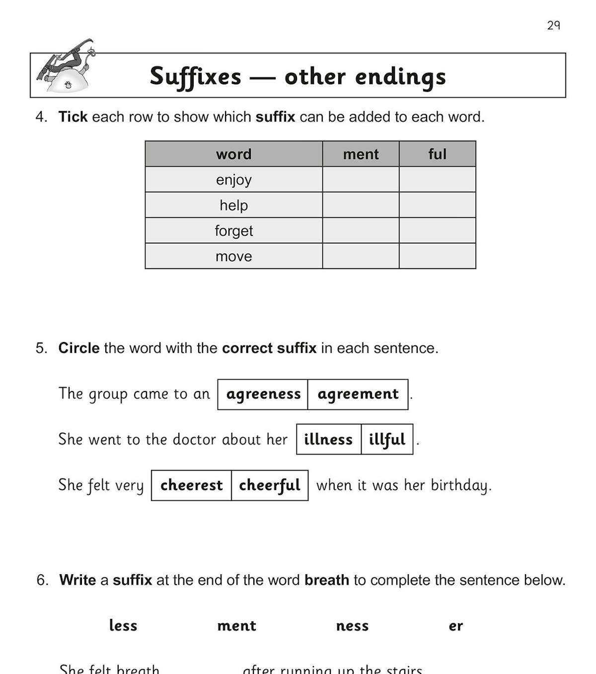 Inside page showing suffix practice with tick-box tables and multiple-choice questions