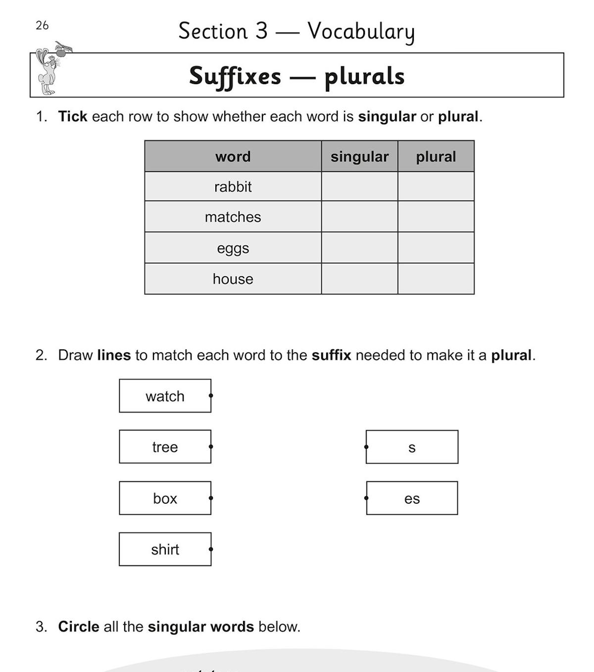Inside page showing suffix practice with matching, circling and fill-in exercises