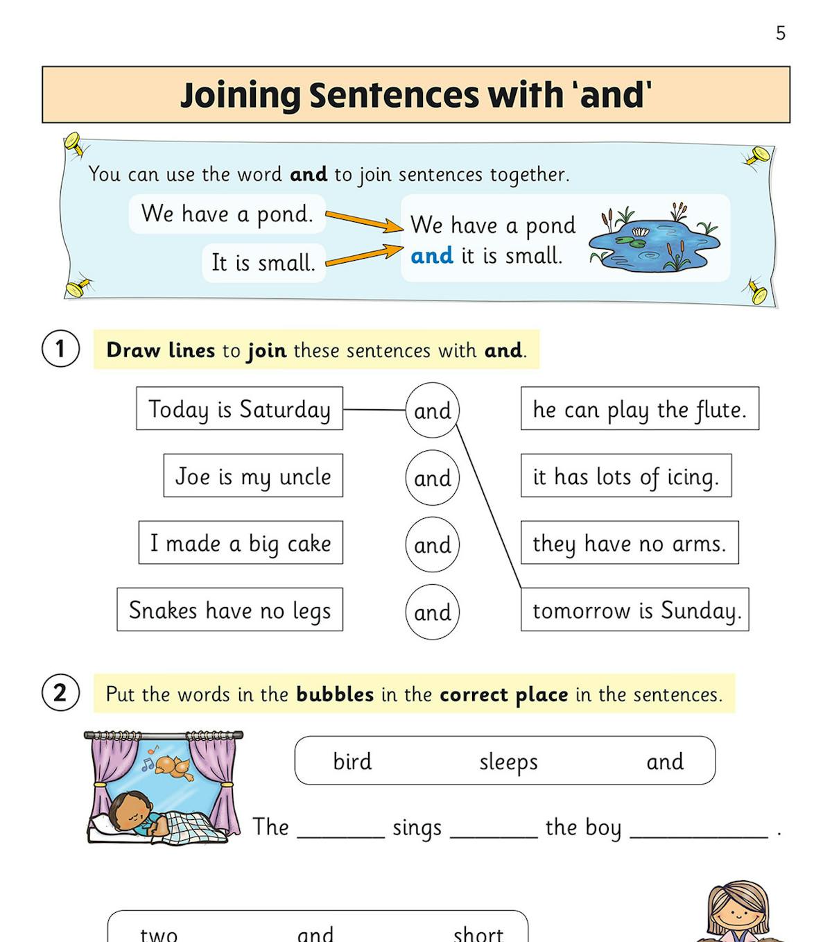 Sample page showing how to join sentences with 'and', with matching activities and colourful illustrations