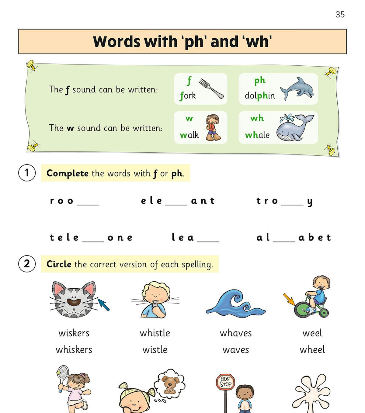 Sample spelling page focusing on words with 'ph' and 'wh' digraphs, featuring visual cues and fill-in exercises