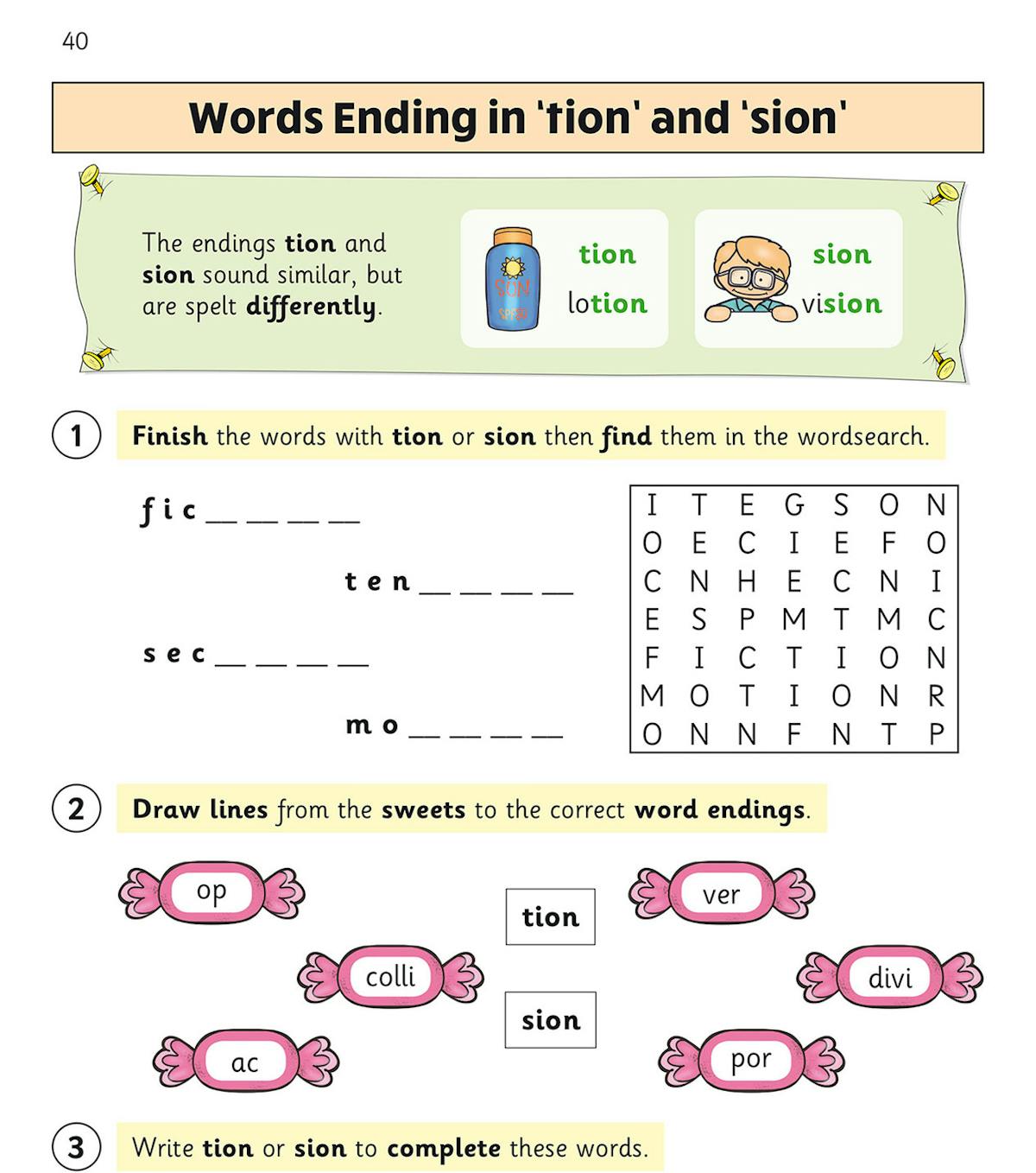 Spelling activity page featuring word endings and wordsearch puzzle