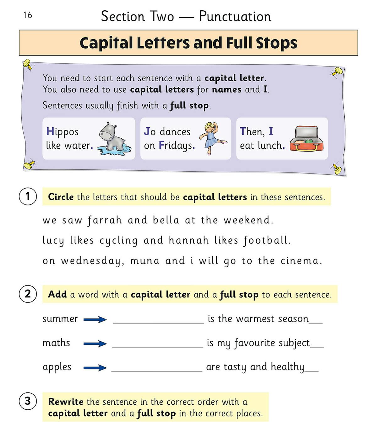 Sample page showing capital letters and full stops activities with colourful examples