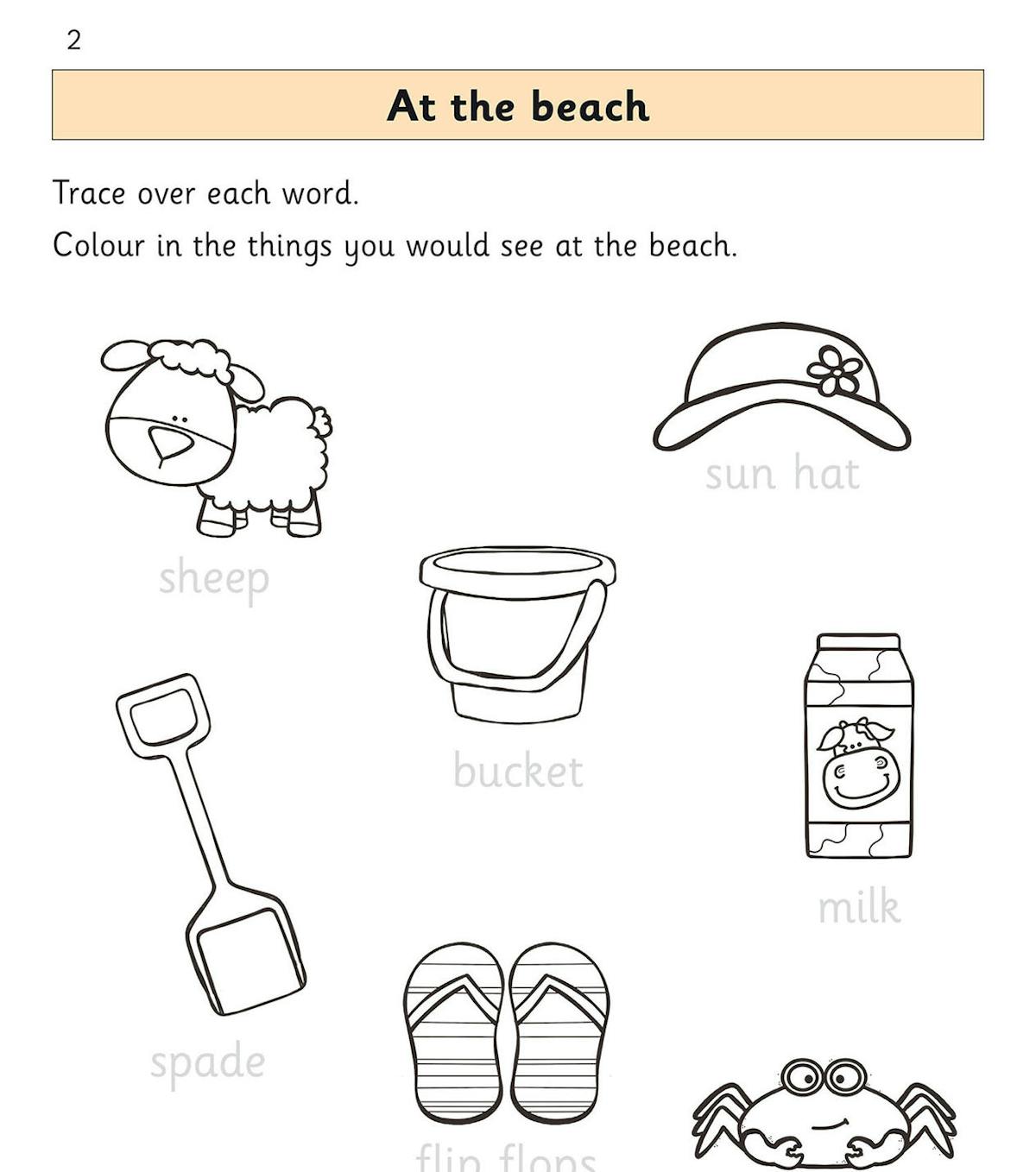 Sample page showing 'At the beach' activity with word tracing and colouring tasks