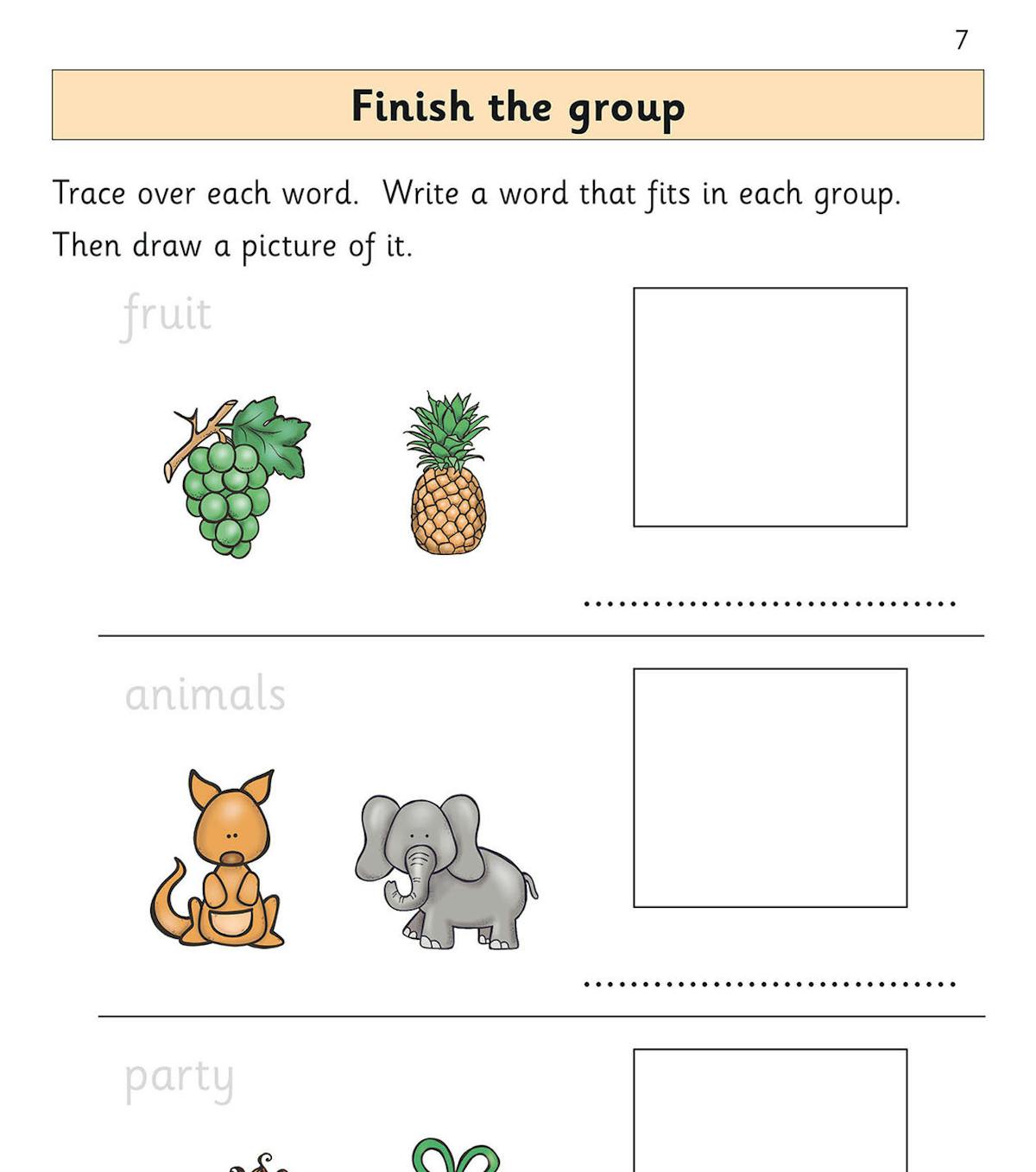 Sample page showing 'Finish the group' activity with categories and drawing tasks