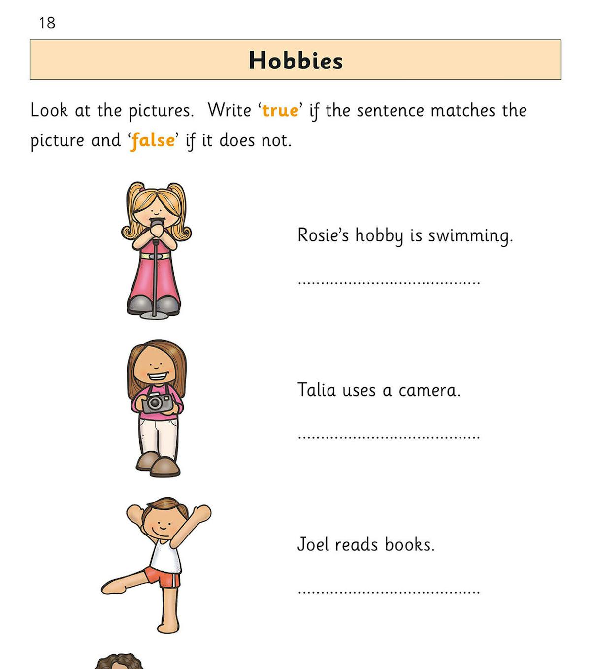 Sample activity page with table-based comprehension exercise and character illustrations