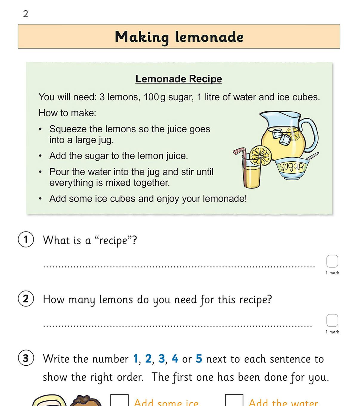 Lemonade recipe comprehension page with questions