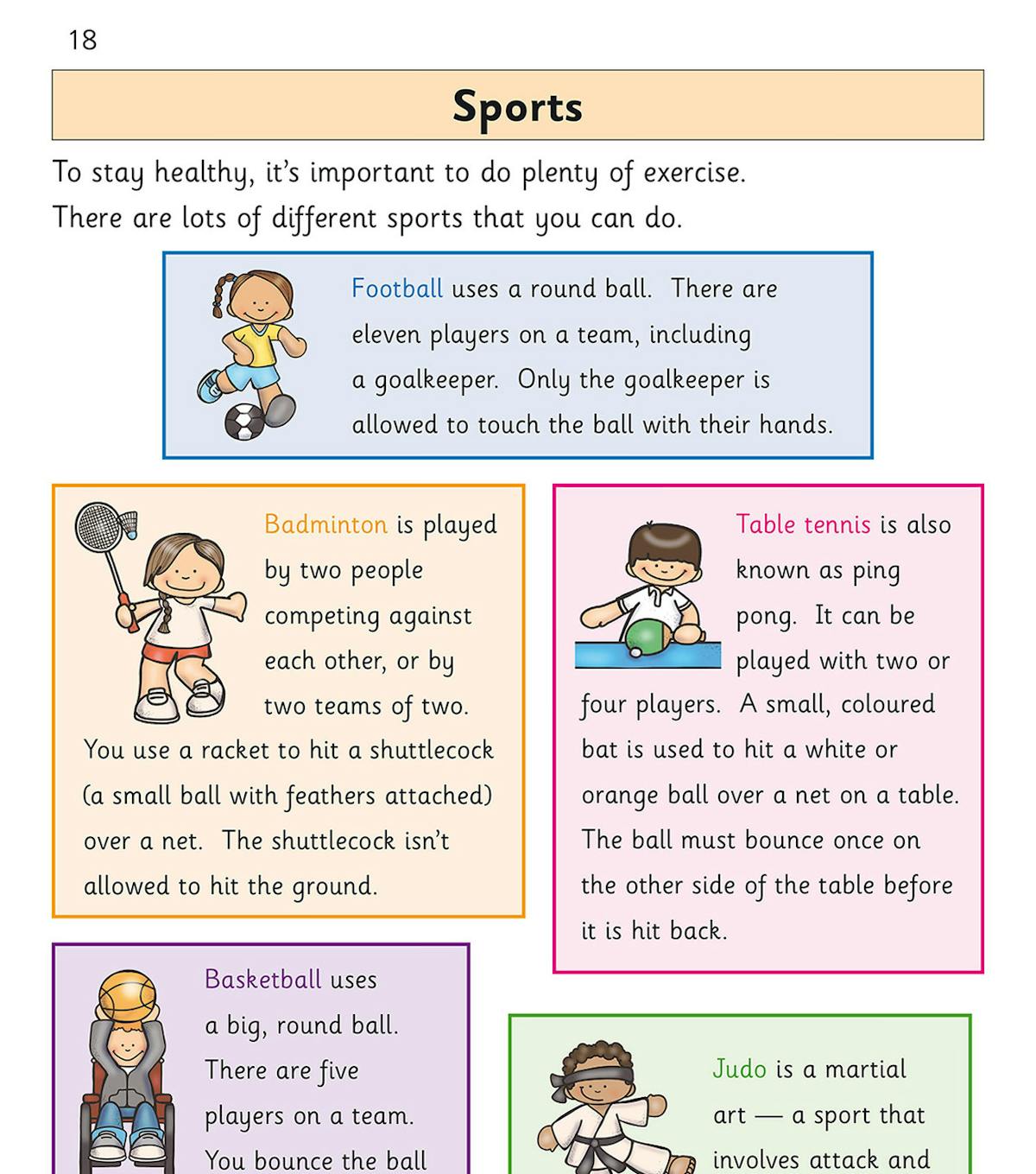Sports information page with colourful text boxes