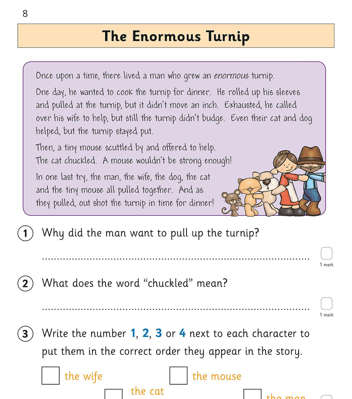 Sample page from Year 2 reading comprehension workbook featuring The Enormous Turnip story with comprehension questions