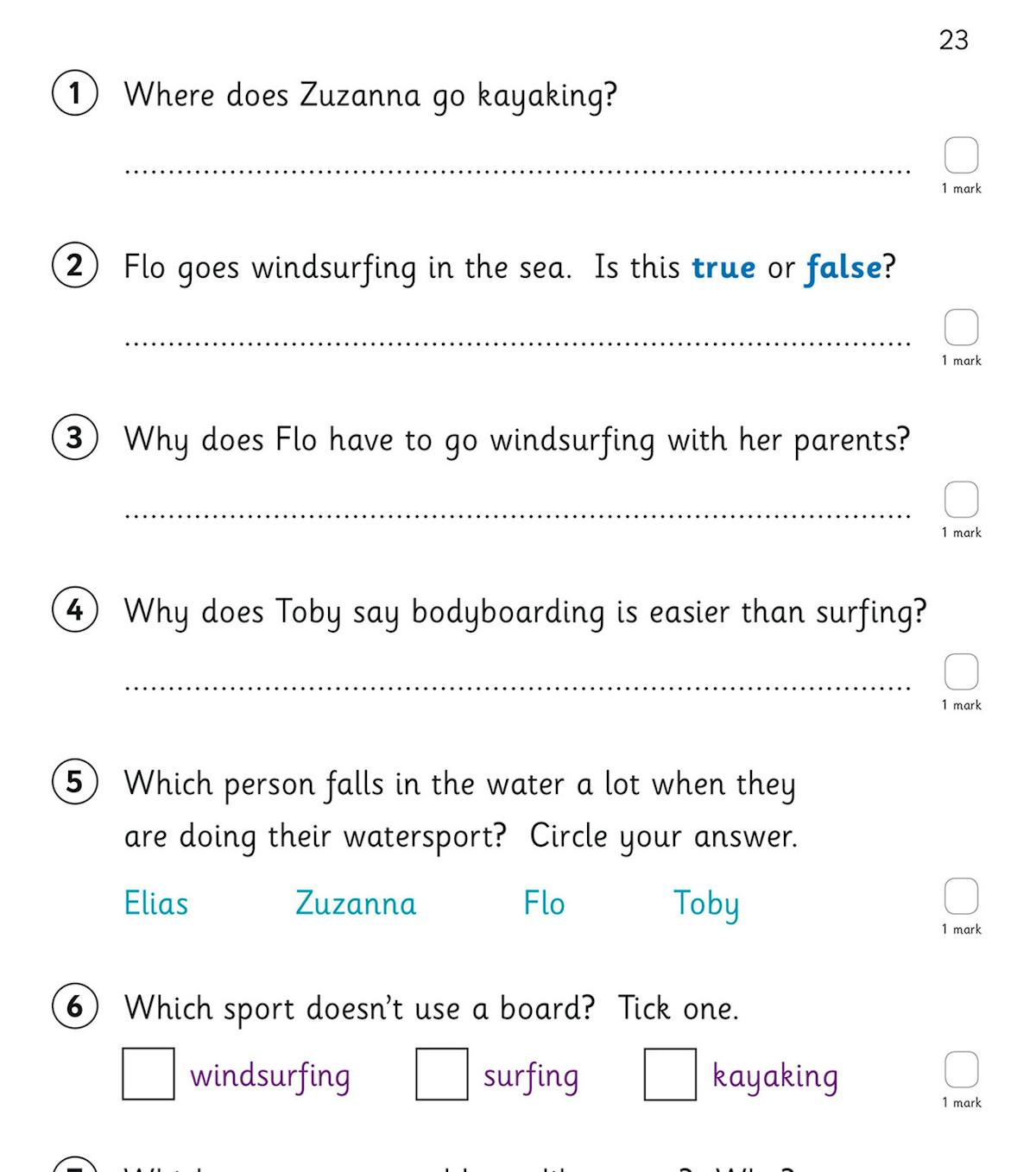 Sample page from Year 2 reading comprehension workbook showing a watersports text with questions