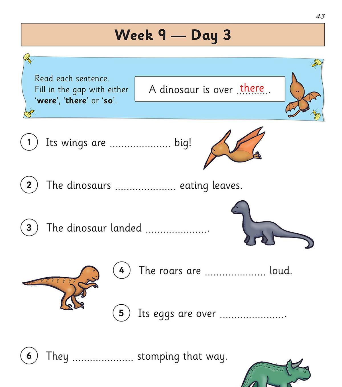 Practice page with fill-in-the-gap sentences and dinosaur illustrations