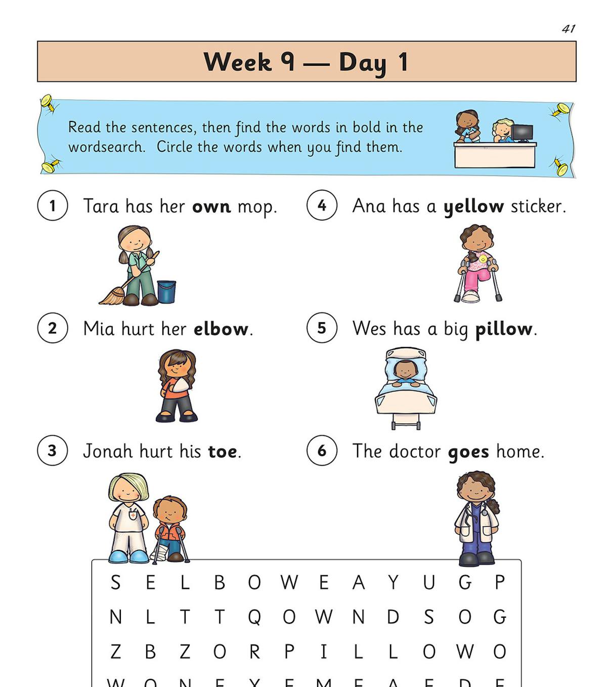 Daily practice page showing a word search activity with colourful illustrations