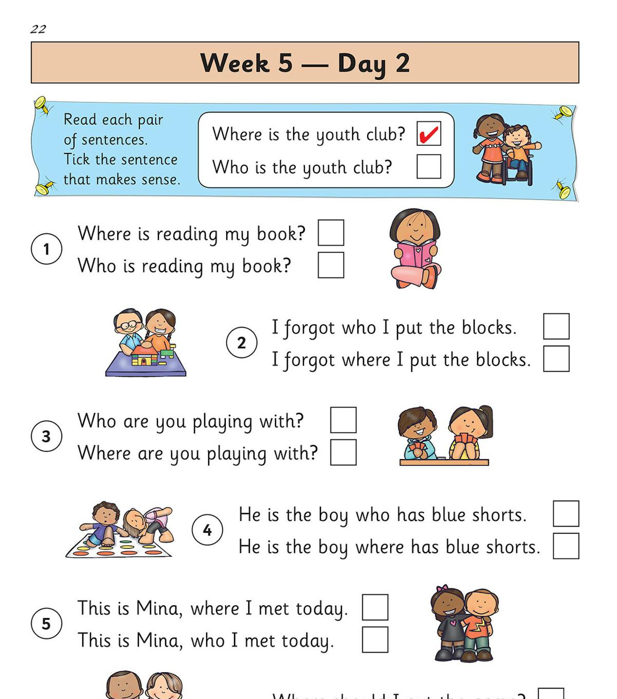 Sample workbook page showing a Week 5 Day 2 activity on choosing correct question words 'where' or 'who' with tick-box answers