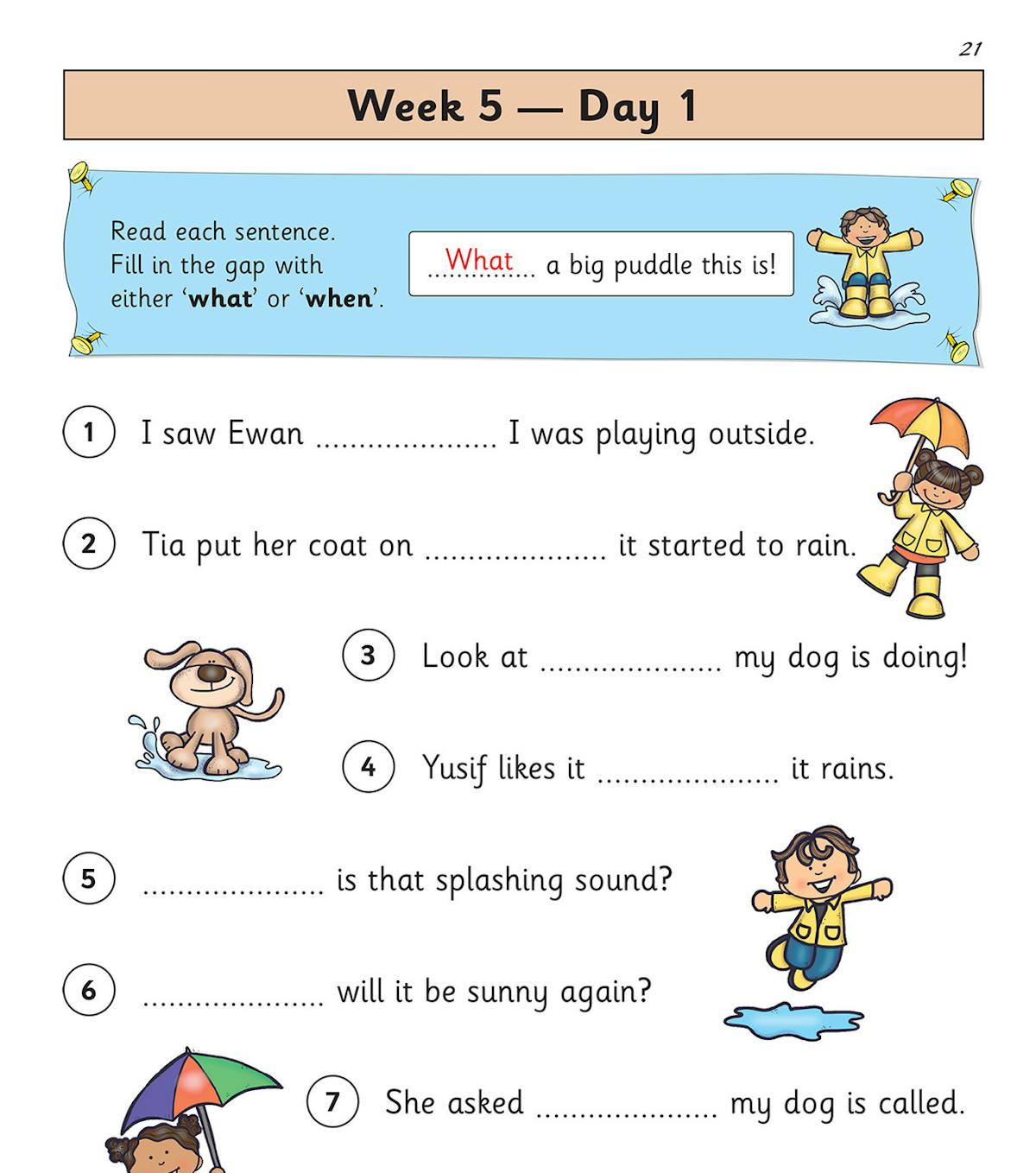 Sample workbook page showing a Week 5 Day 1 activity on choosing 'what' or 'when' to complete sentences, with colourful illustrations