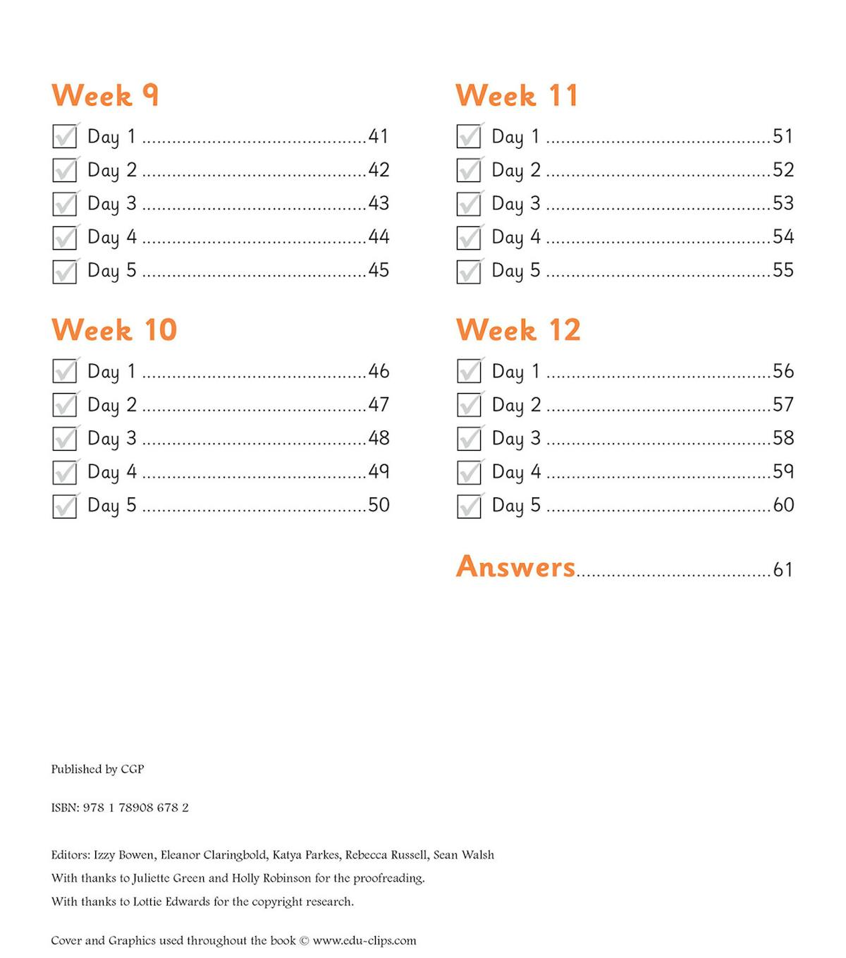 Contents page showing weekly schedule with tick-boxes and answers section