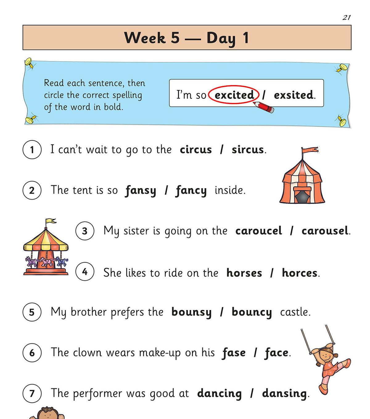 Sample daily spelling activity with circus-themed questions