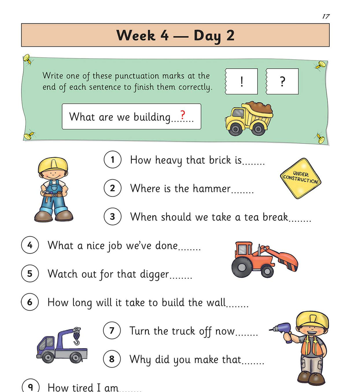 Daily punctuation practice page from Week 4 Day 2 showing question and exclamation mark exercises