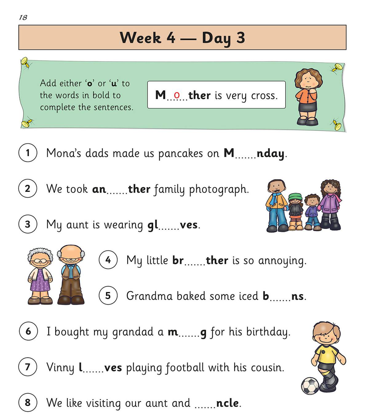 Daily spelling practice page from Week 4 Day 3 showing fill-in-the-blank word exercises