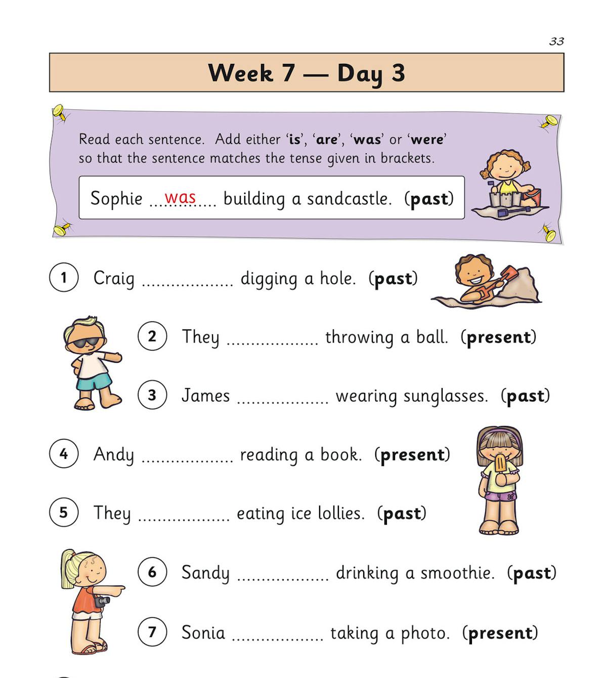 Inside page showing verb tense exercises with colourful illustrations and self-scoring boxes
