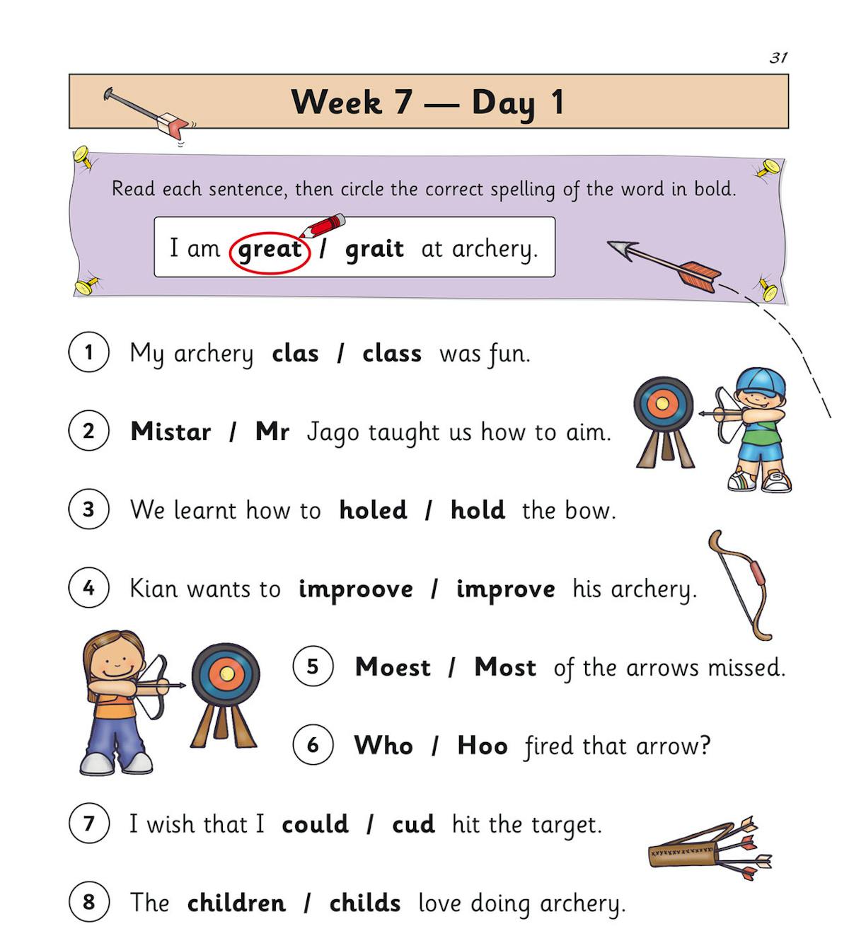 Sample page from the Year 2 English daily practice book showing spelling and grammar exercises