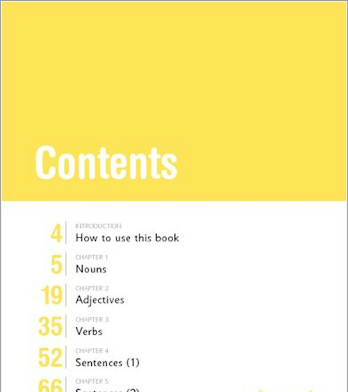 Contents page of the KS1 Grammar and Punctuation Workbook listing chapters on nouns, verbs, sentences and punctuation