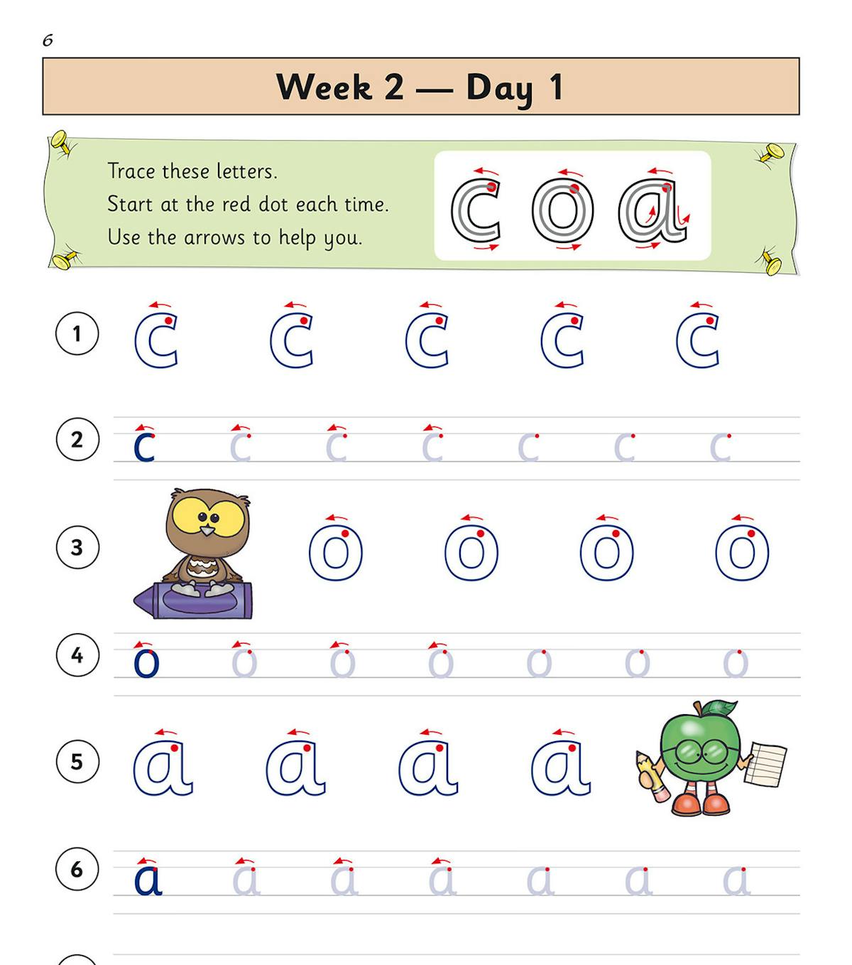 Inside page showing letter tracing and copying activities with directional arrows and fun illustrations