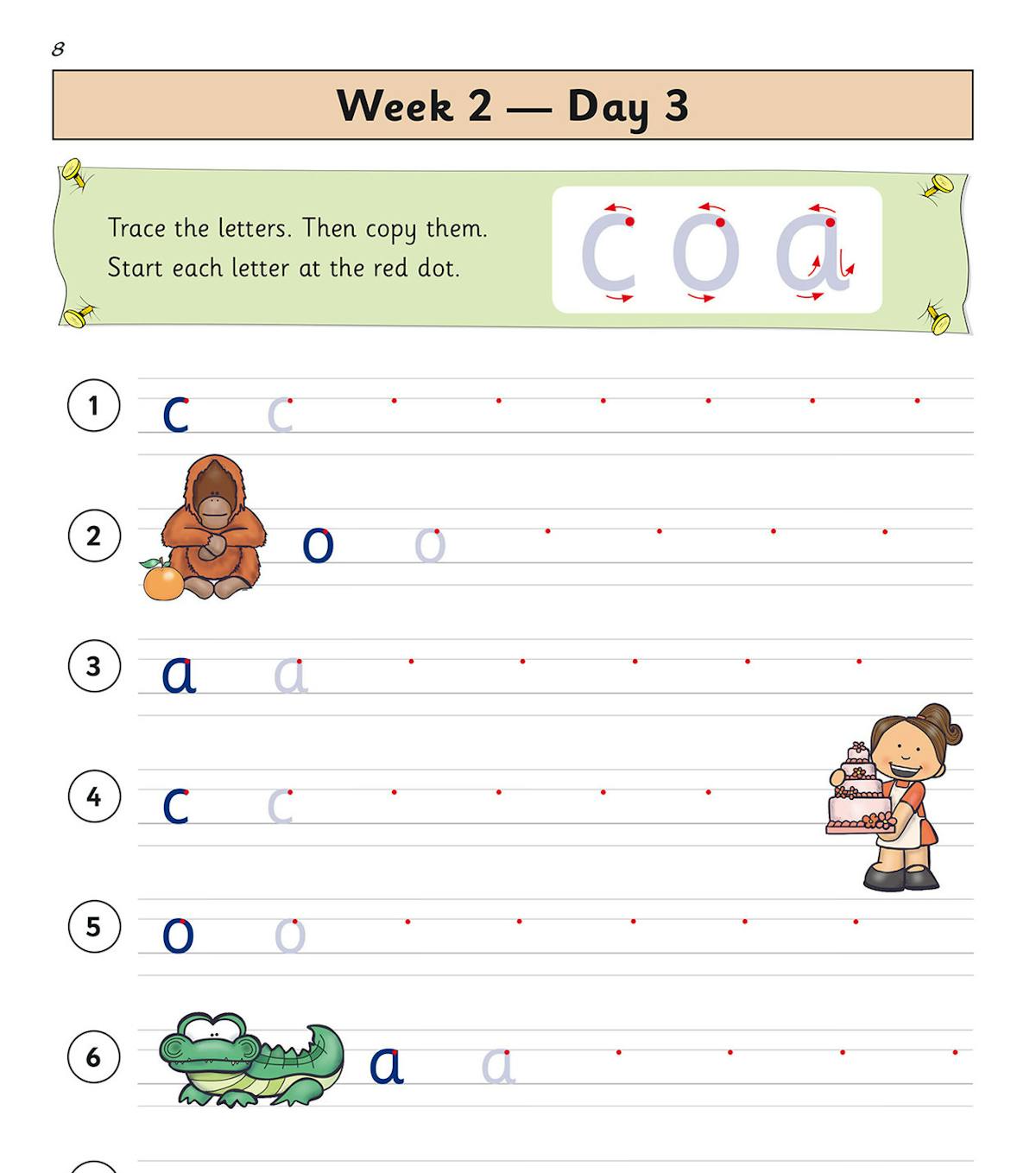 Sample page with letter copying exercises, lined practice rows and cartoon illustrations