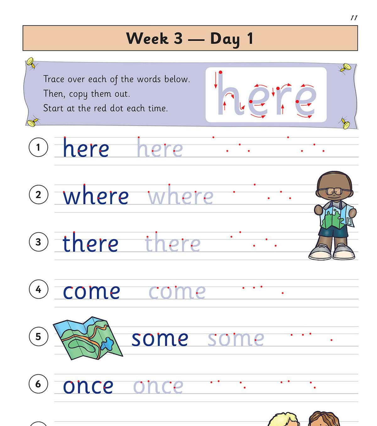 Daily handwriting practice page showing trace-and-copy activities for common words