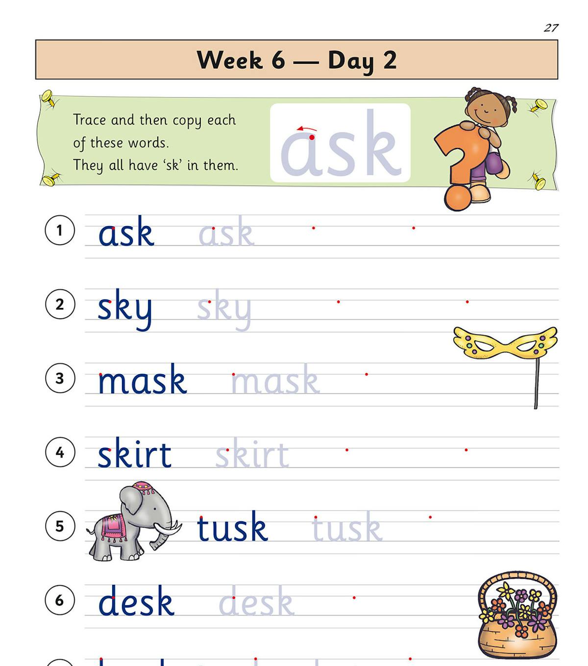 Daily handwriting practice page showing trace-and-copy word exercises with colourful illustrations