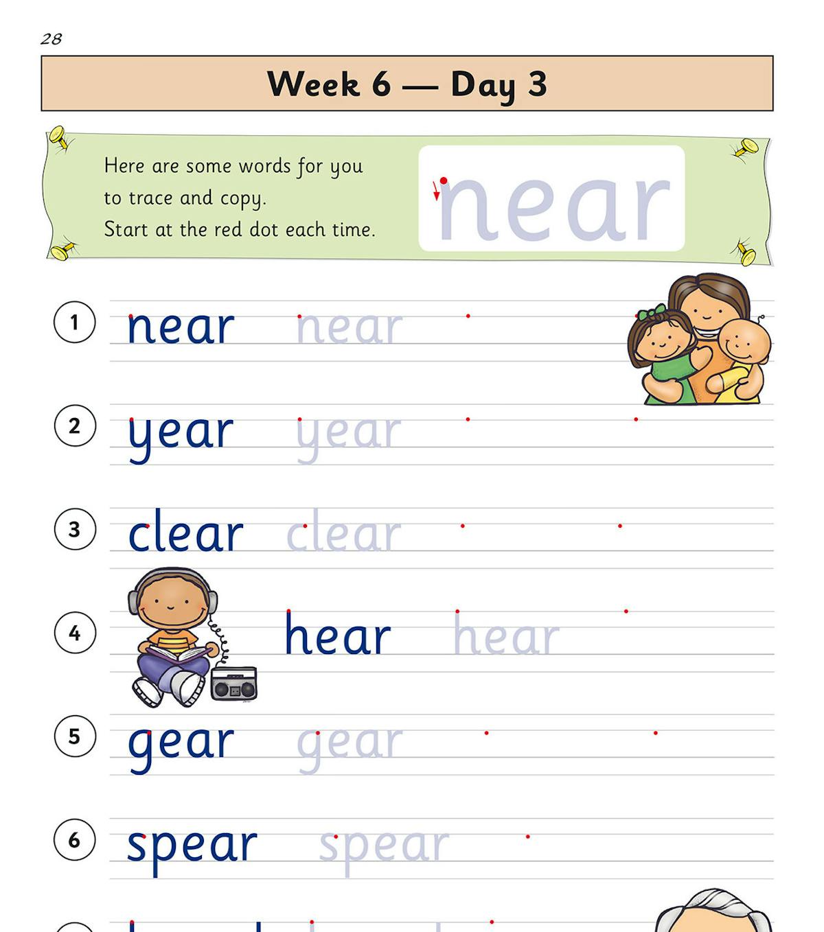 Sample handwriting page featuring word families with similar letter patterns and friendly cartoon characters
