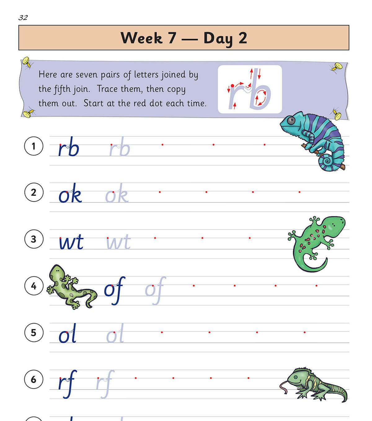 Sample handwriting practice page showing joined letter pairs with tracing guides and fun gecko illustrations