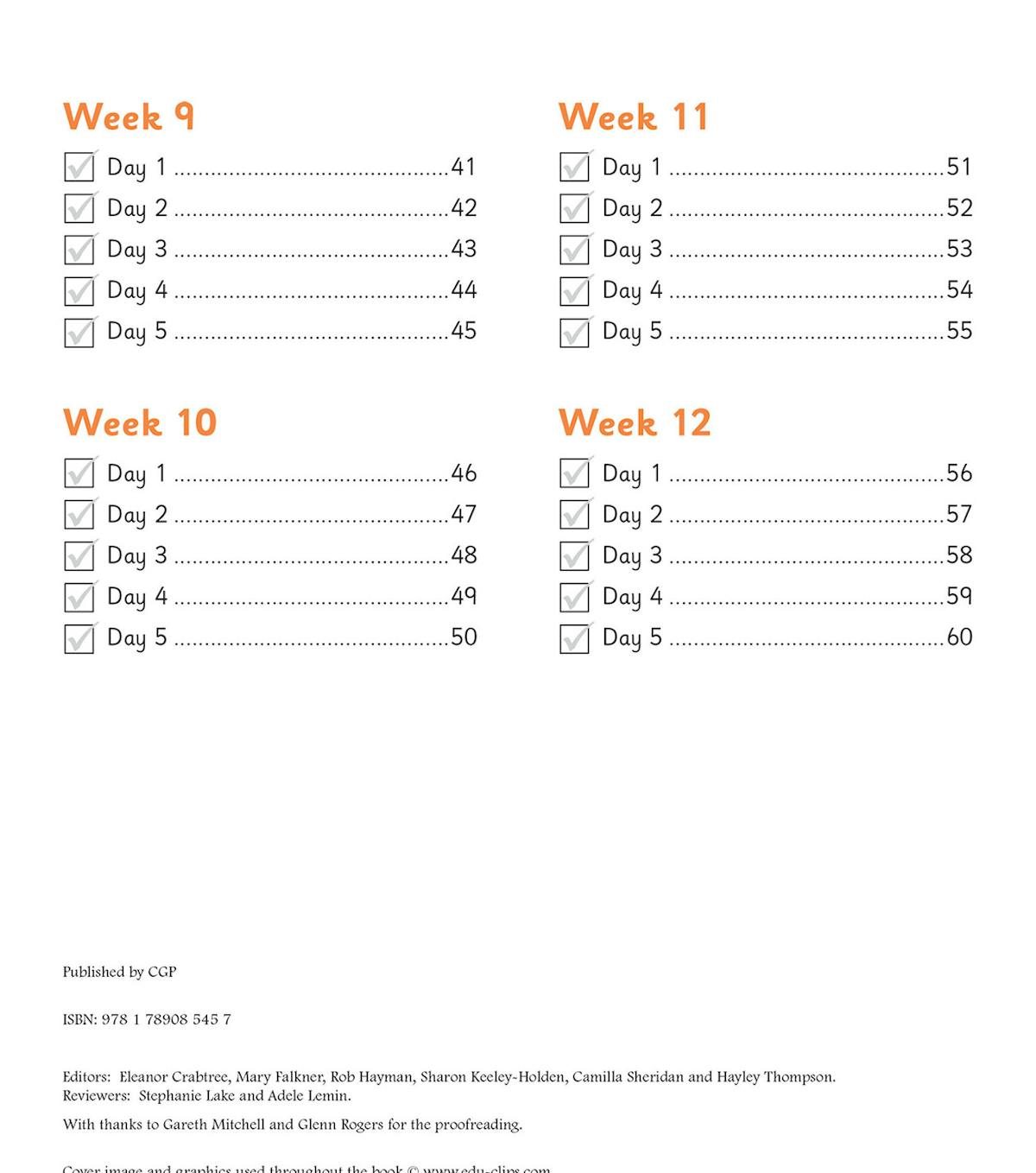 Weekly checklist spread showing days 1-5 for weeks 9-12 with tick boxes and page numbers