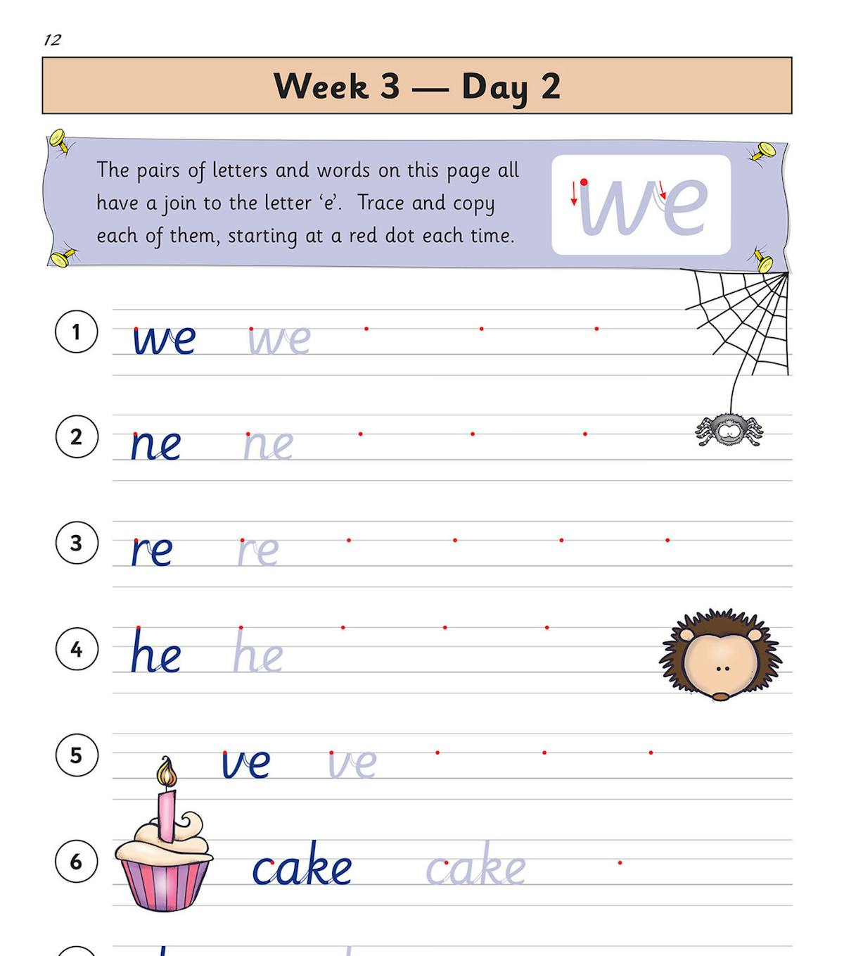 Example page showing joined-up letter practice for words ending in 'e'