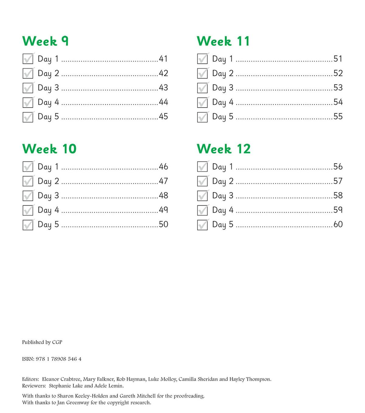 Contents page showing daily practice schedule across 12 weeks