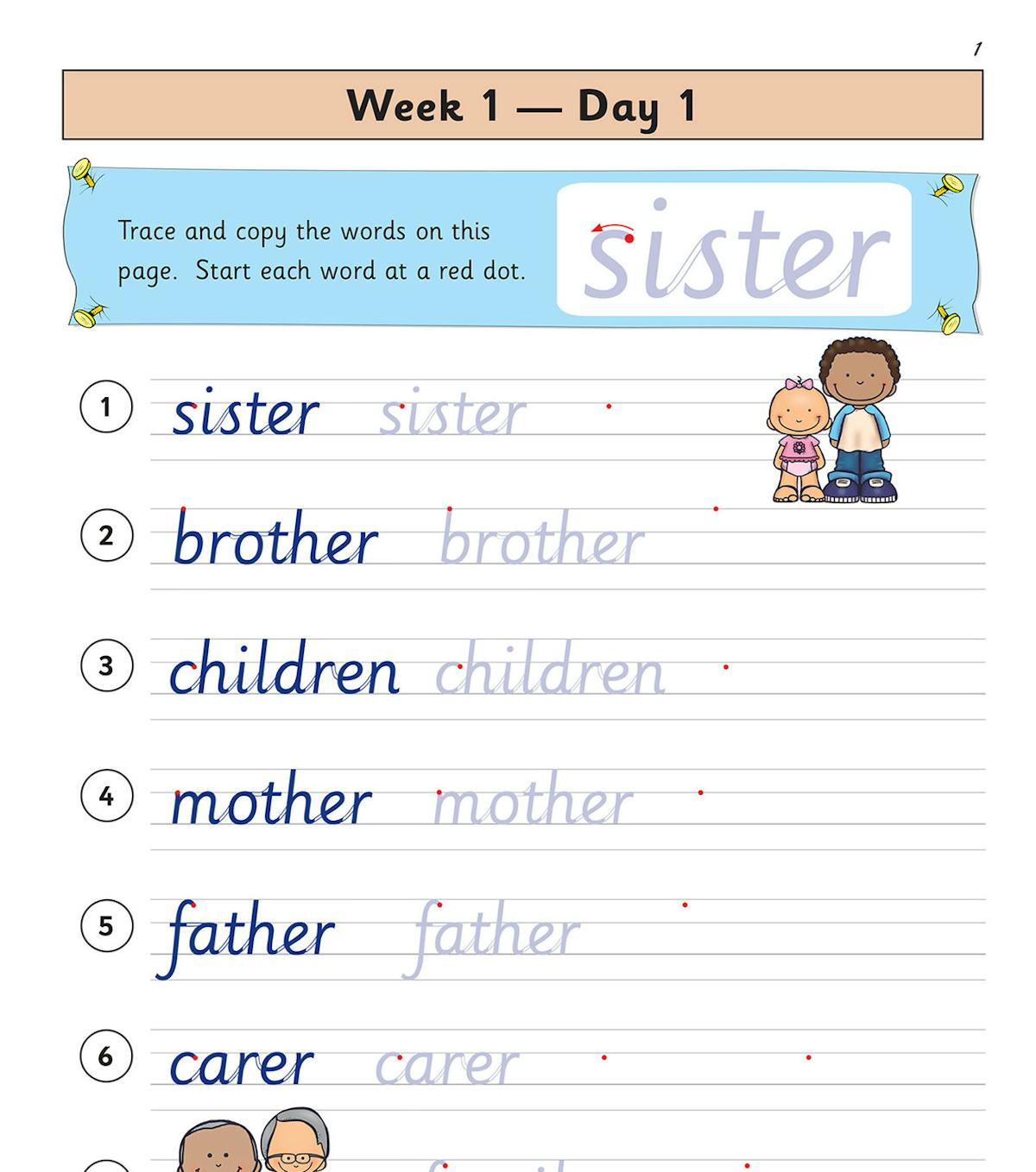 Week-by-week contents page with checkboxes for tracking daily handwriting practice